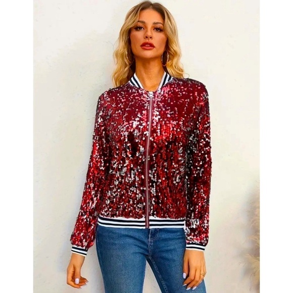 Boutique Jackets & Blazers - Red and Silver Sequins Bomber Jacket